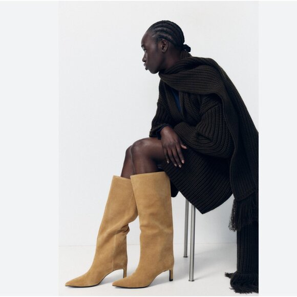 Zara Womens Knee High Boots Wide Shaft Split Leather Dark Tan US 11 EU 42 NWT - Picture 2 of 10
